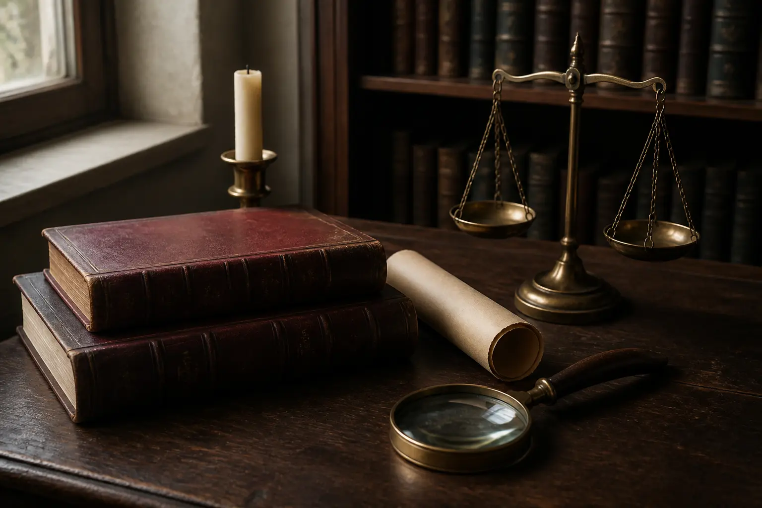 Натюрморт зі старовинними книгами, свічкою та вагами правосуддя в бібліотеці