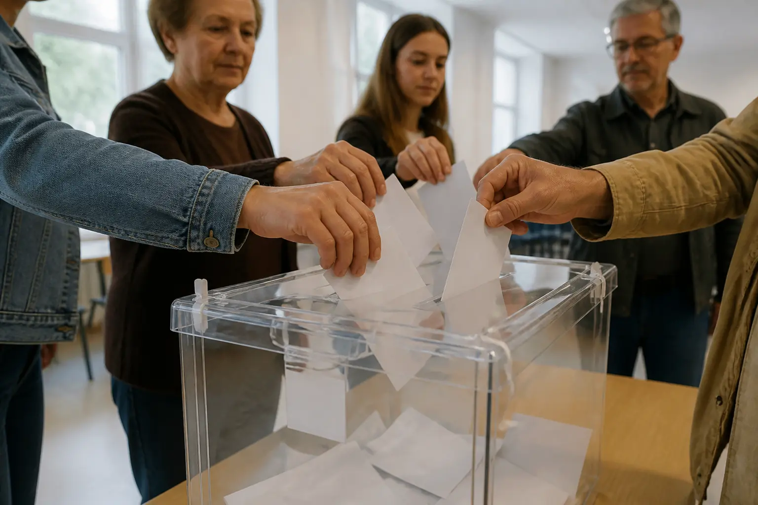 Громадяни подають бюлетені у прозору урну на виборчій дільниці