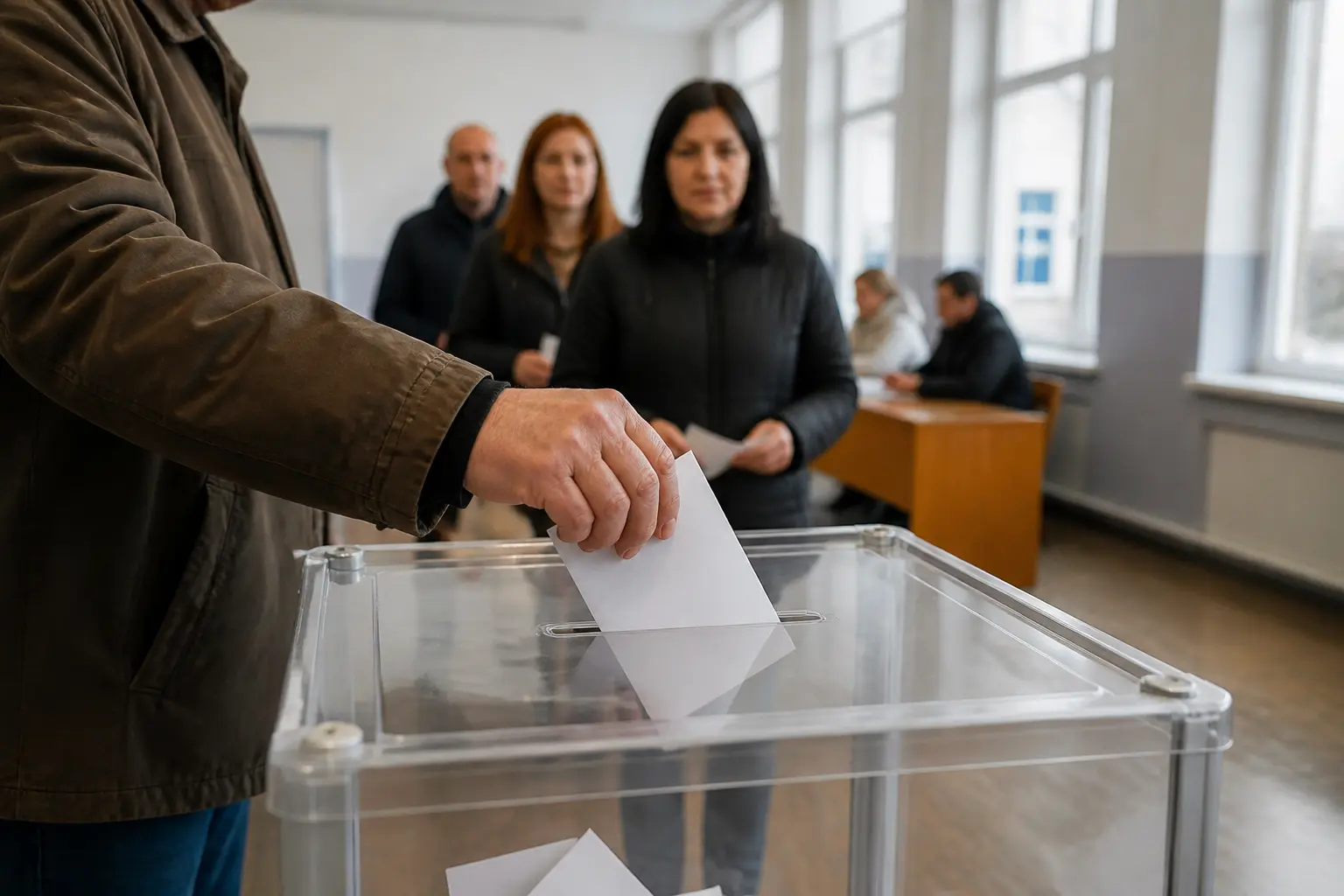 Людина опускає бюлетень у прозору виборчу урну