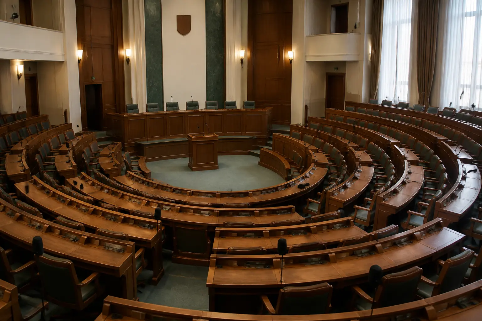 Порожня сесійна зала парламенту з півкруглим розташуванням місць