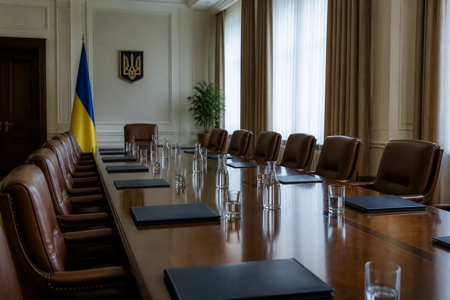 Кімната засідань уряду з довгим столом і підготовленими папками документів