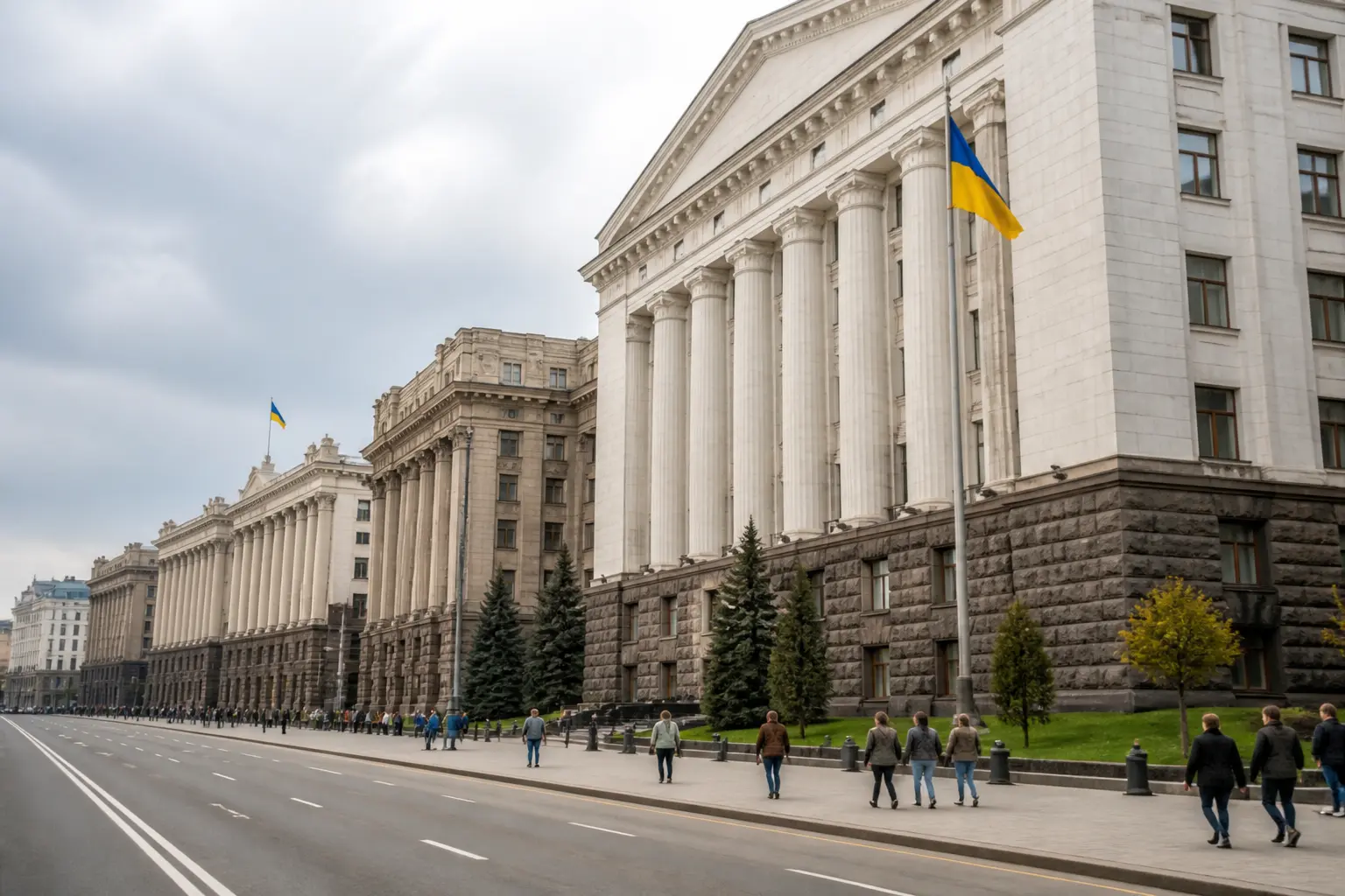 Урядовий квартал європейського міста з адміністративними будівлями та прапорами