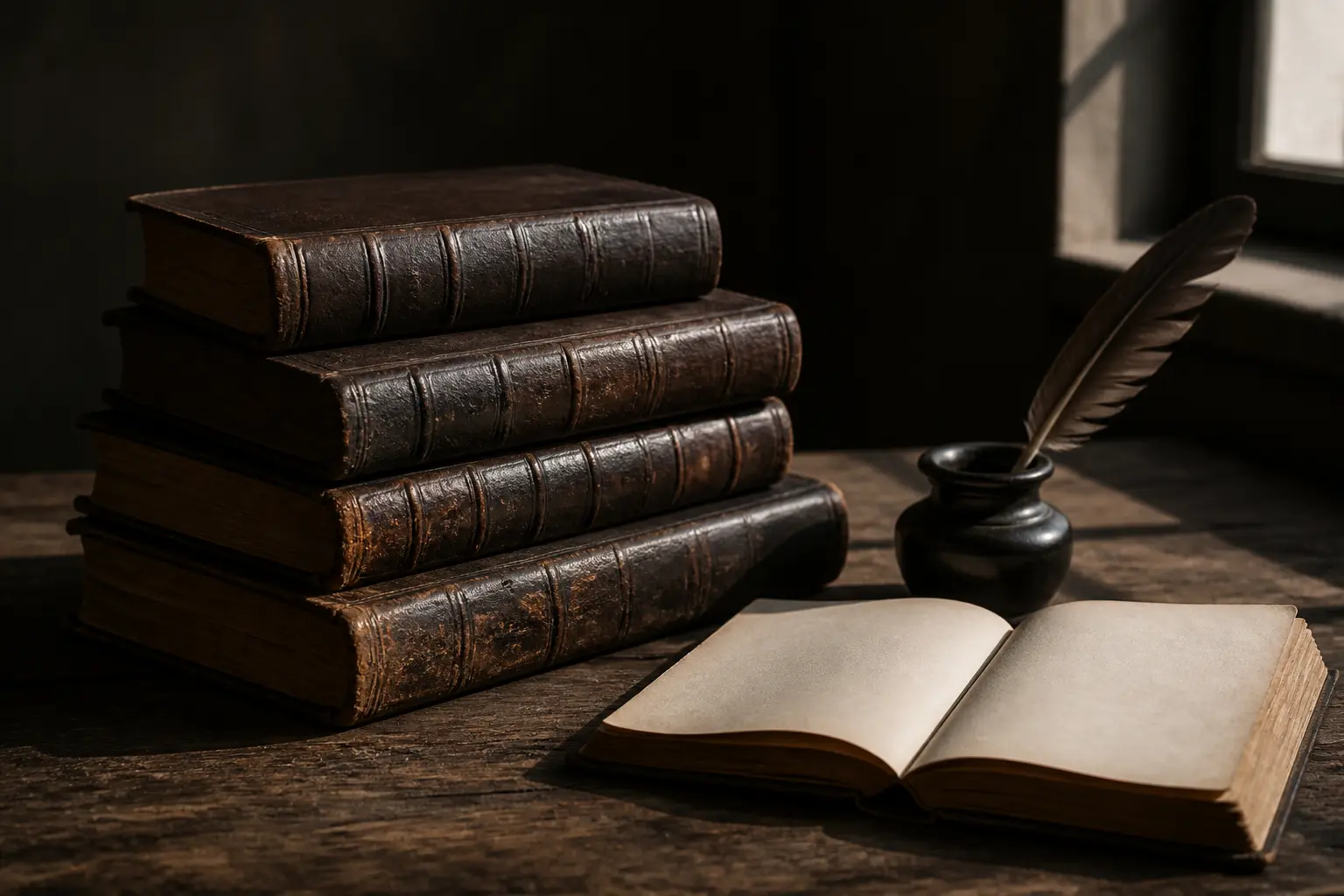Старовинні шкіряні книги, перо та чорнильниця на дубовому столі