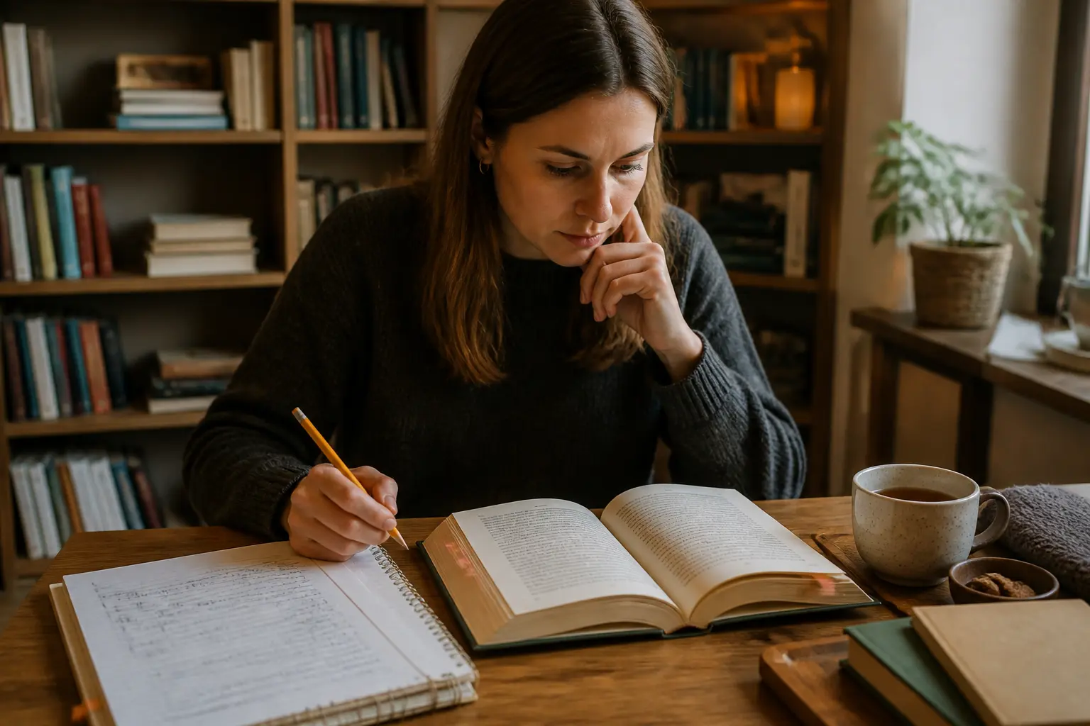 Відкрита книга з філософії, конспект і олівець на столі