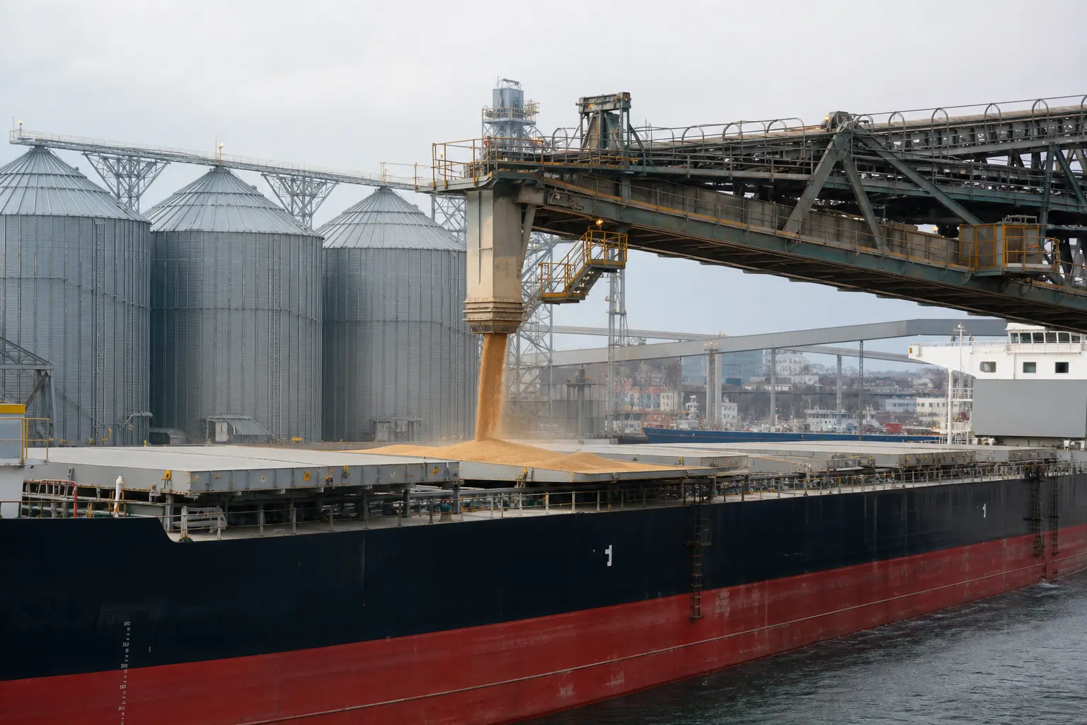 Завантаження зерна на судно у морському порту