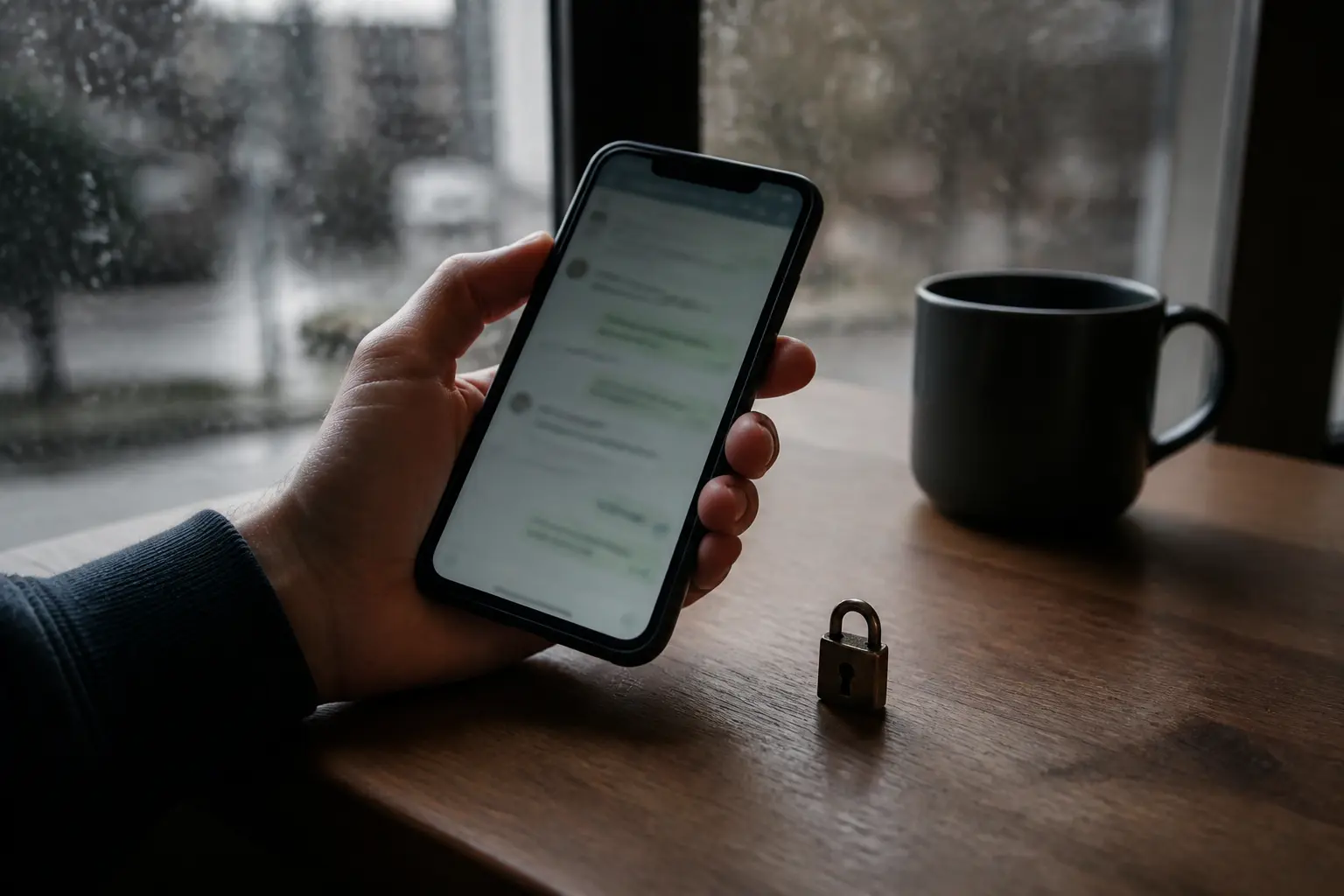 Смартфон із месенджером і металевий замочок поруч на столі