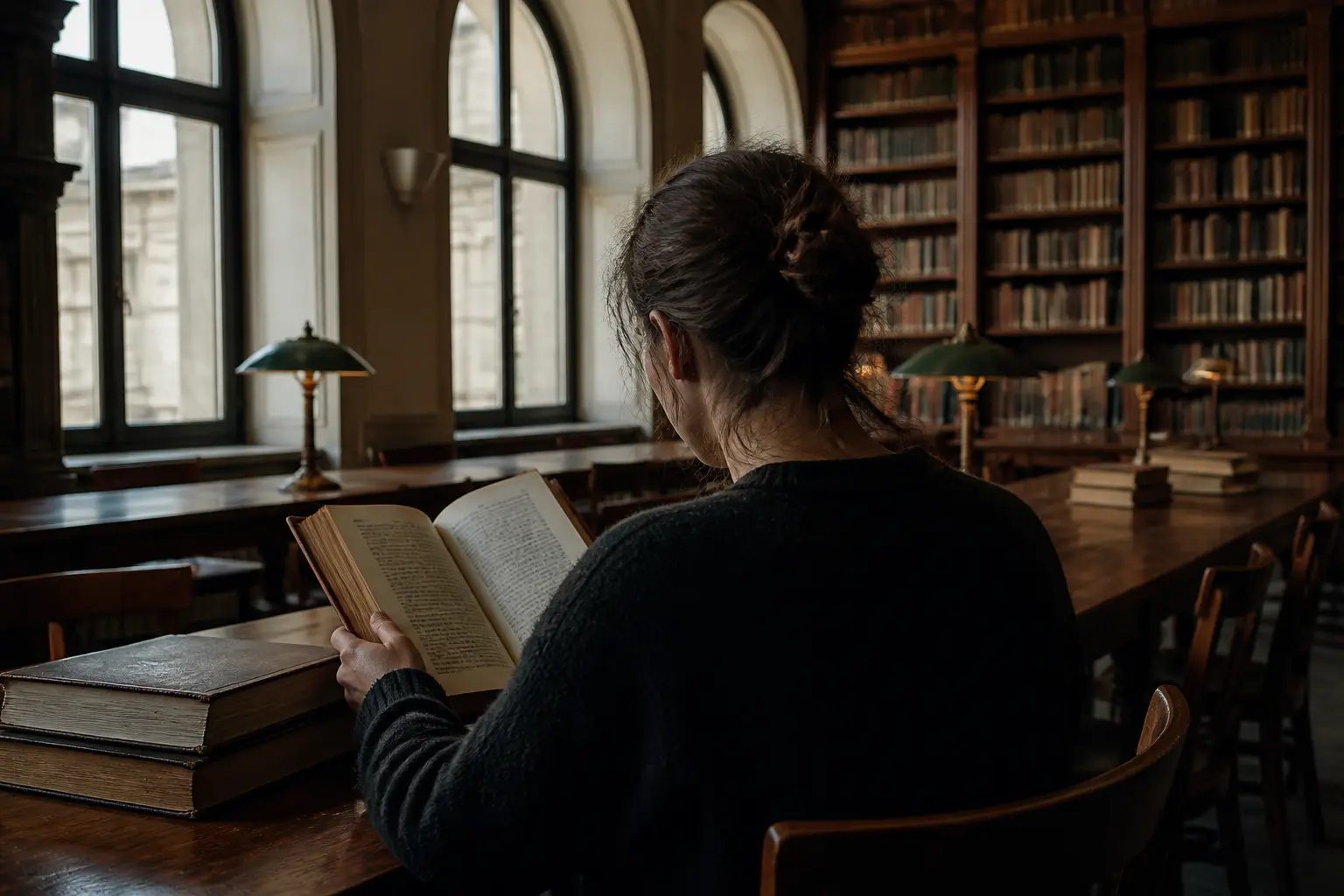 Людина читає книгу за довгим столом у старовинній бібліотеці з високими вікнами