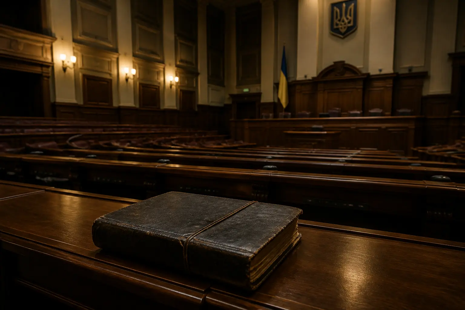 Порожня історична зала суду з дерев’яним інтер’єром
