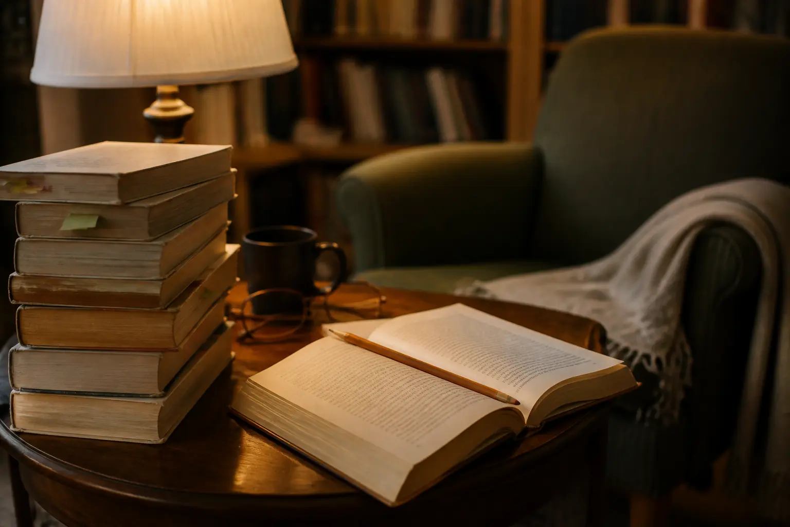 Стос філософських книжок і розкрита книга на столі