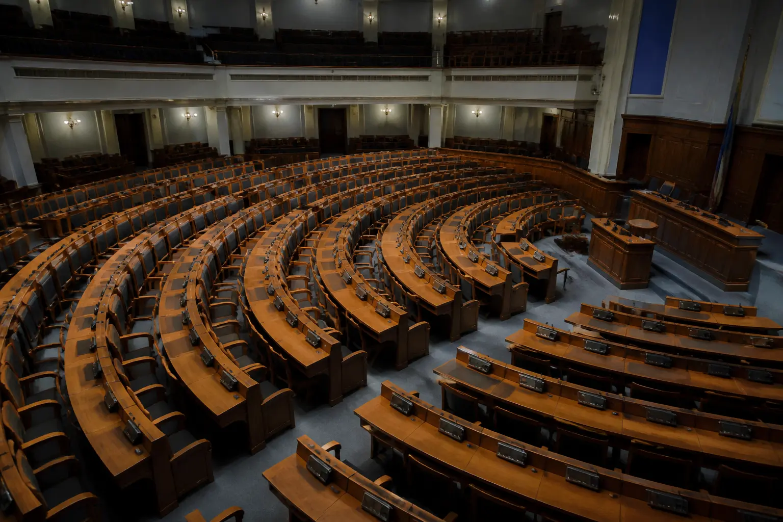 Порожній зал засідань парламенту з напівкруглими рядами столів