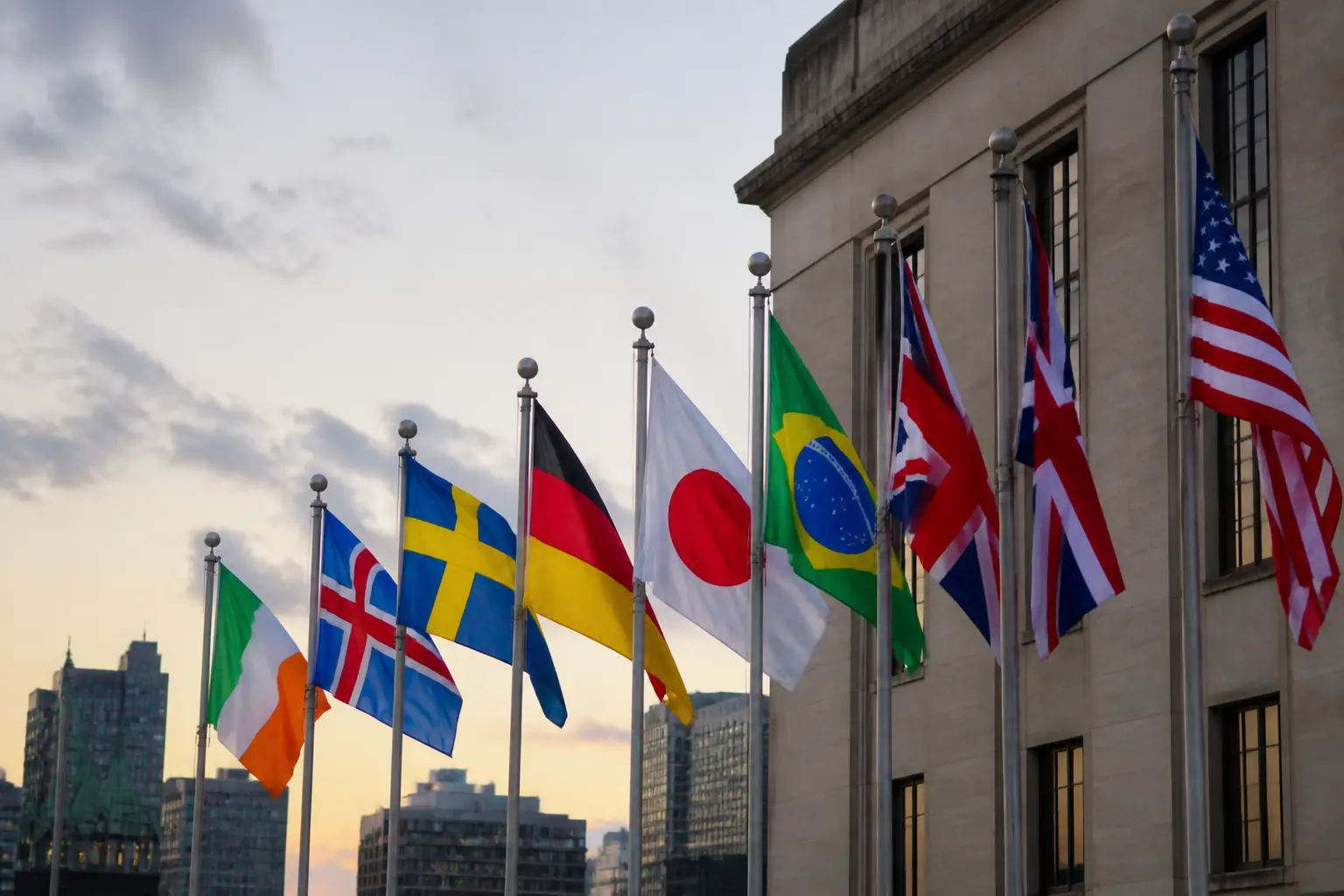 Прапори різних країн біля урядової будівлі як символ відмінностей політичних систем