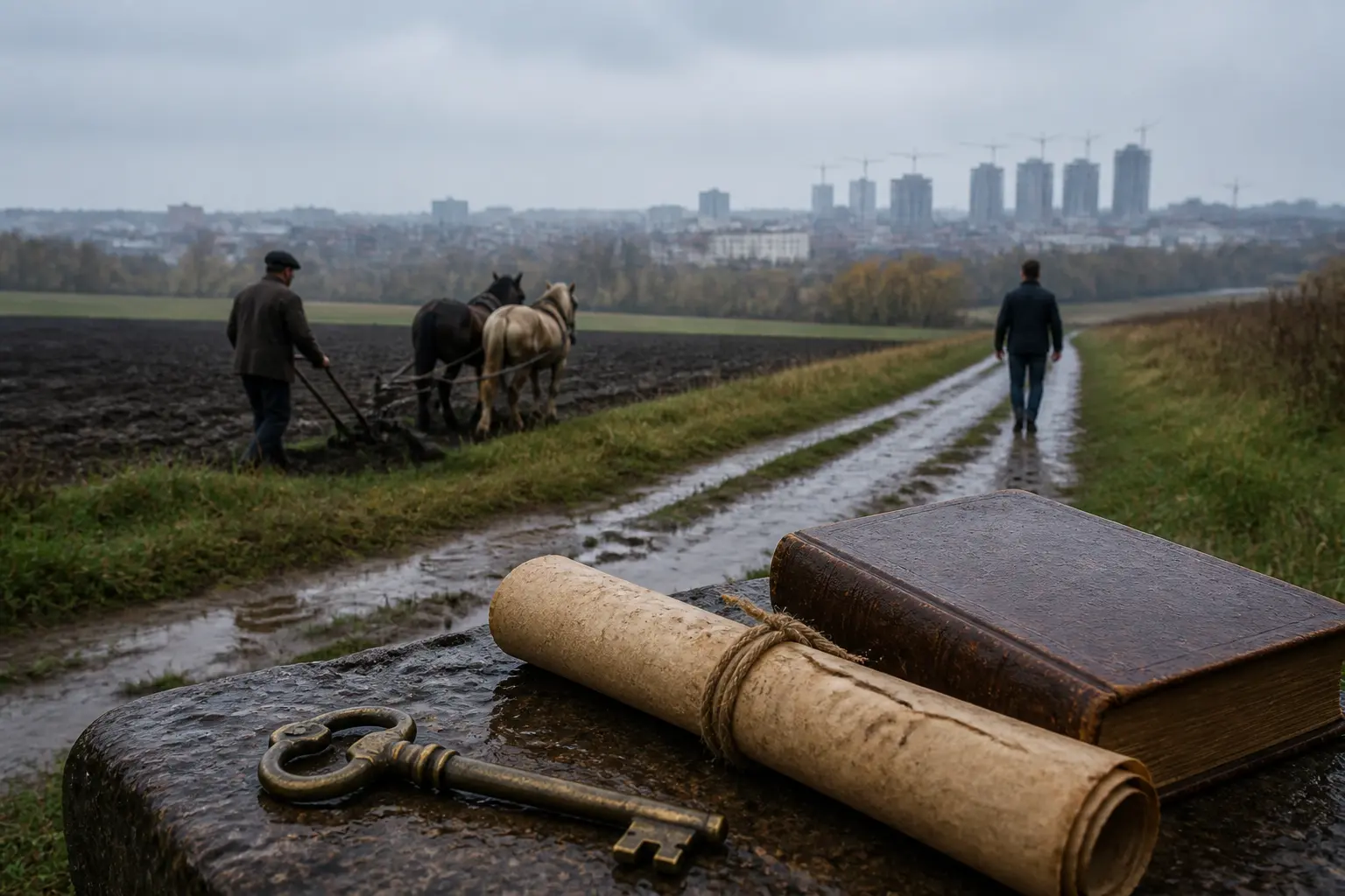 Старовинний ключ, сувій і книга як символи історії права власності