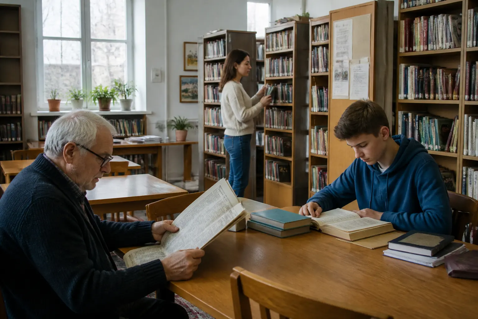Люди різного віку в місцевій бібліотеці за читанням і спілкуванням