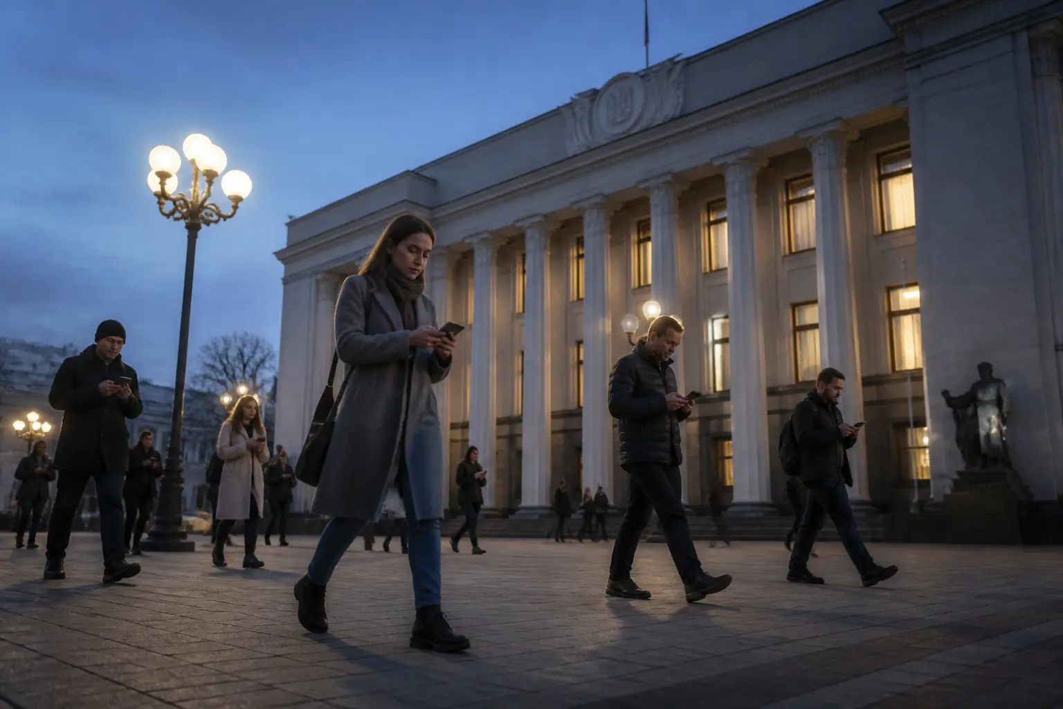 Будівля парламенту ввечері та перехожі зі смартфонами