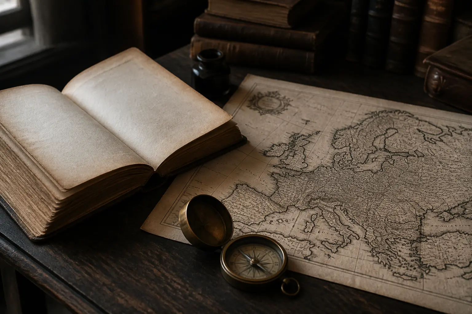 Стара книжка поруч з історичною мапою Європи XVII століття