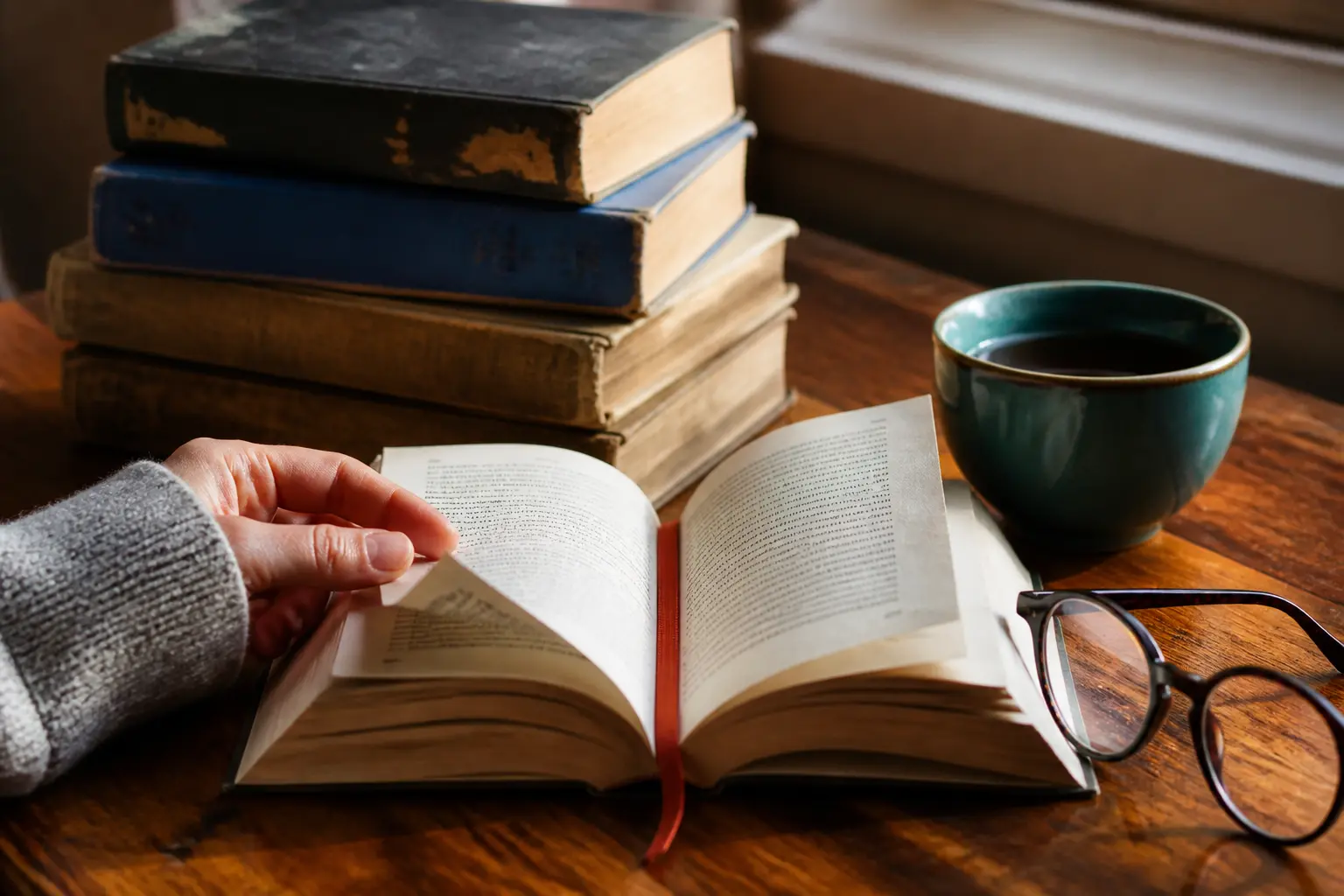 Стос класичних книжок із політичної філософії на столі читача