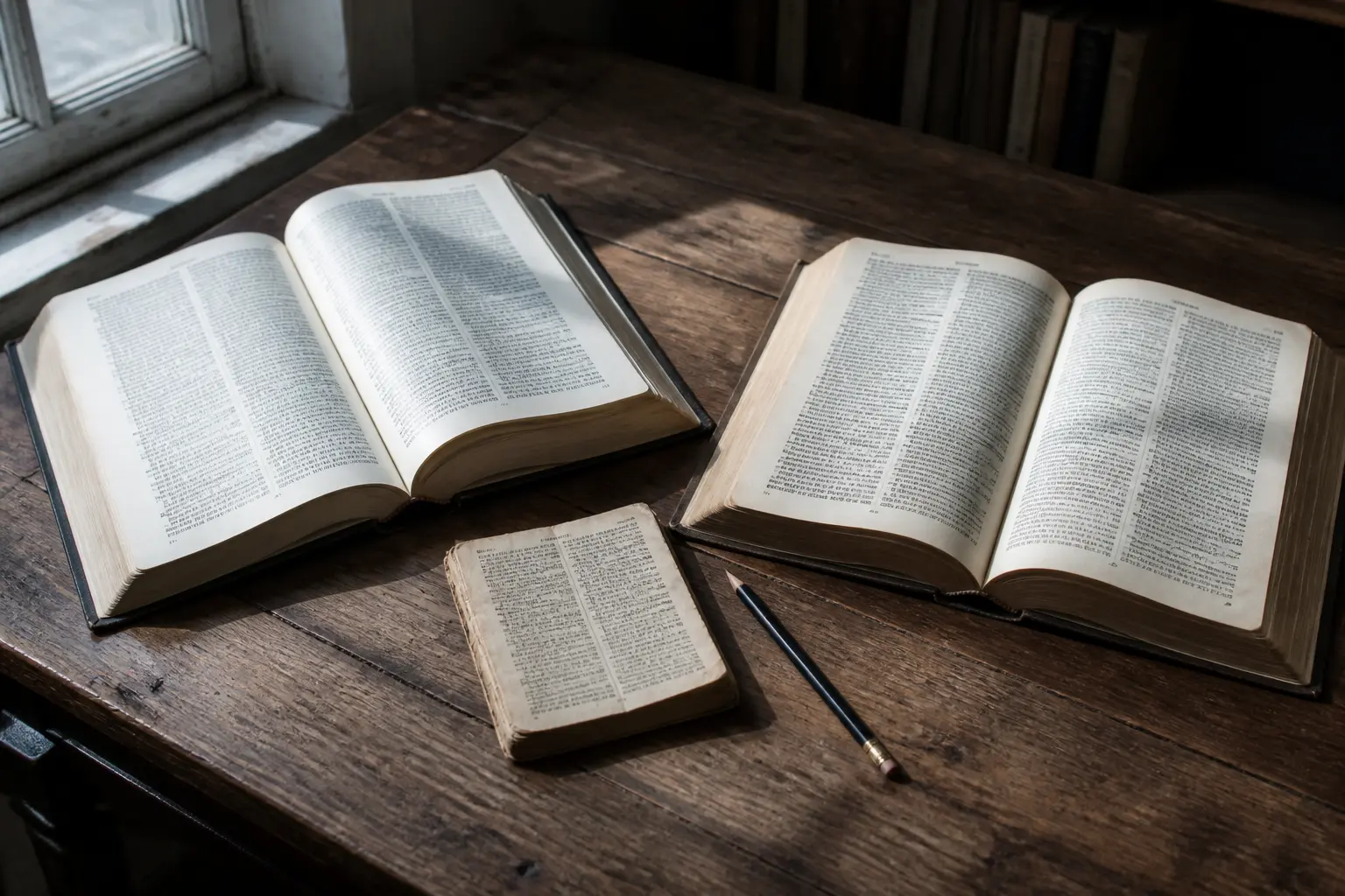 Два різні переклади однієї давньої книги поруч на столі зі словничком і олівцем
