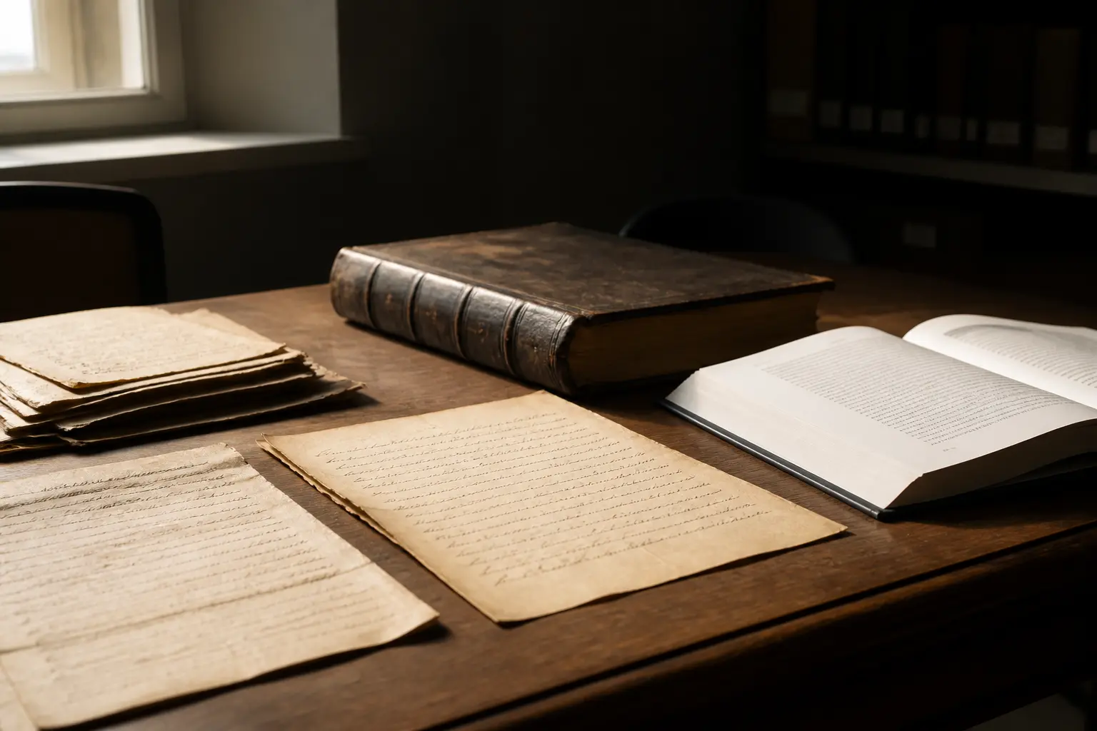 Старовинні рукописні документи, лист і давня книга поруч із сучасною монографією на столі читальної зали архіву