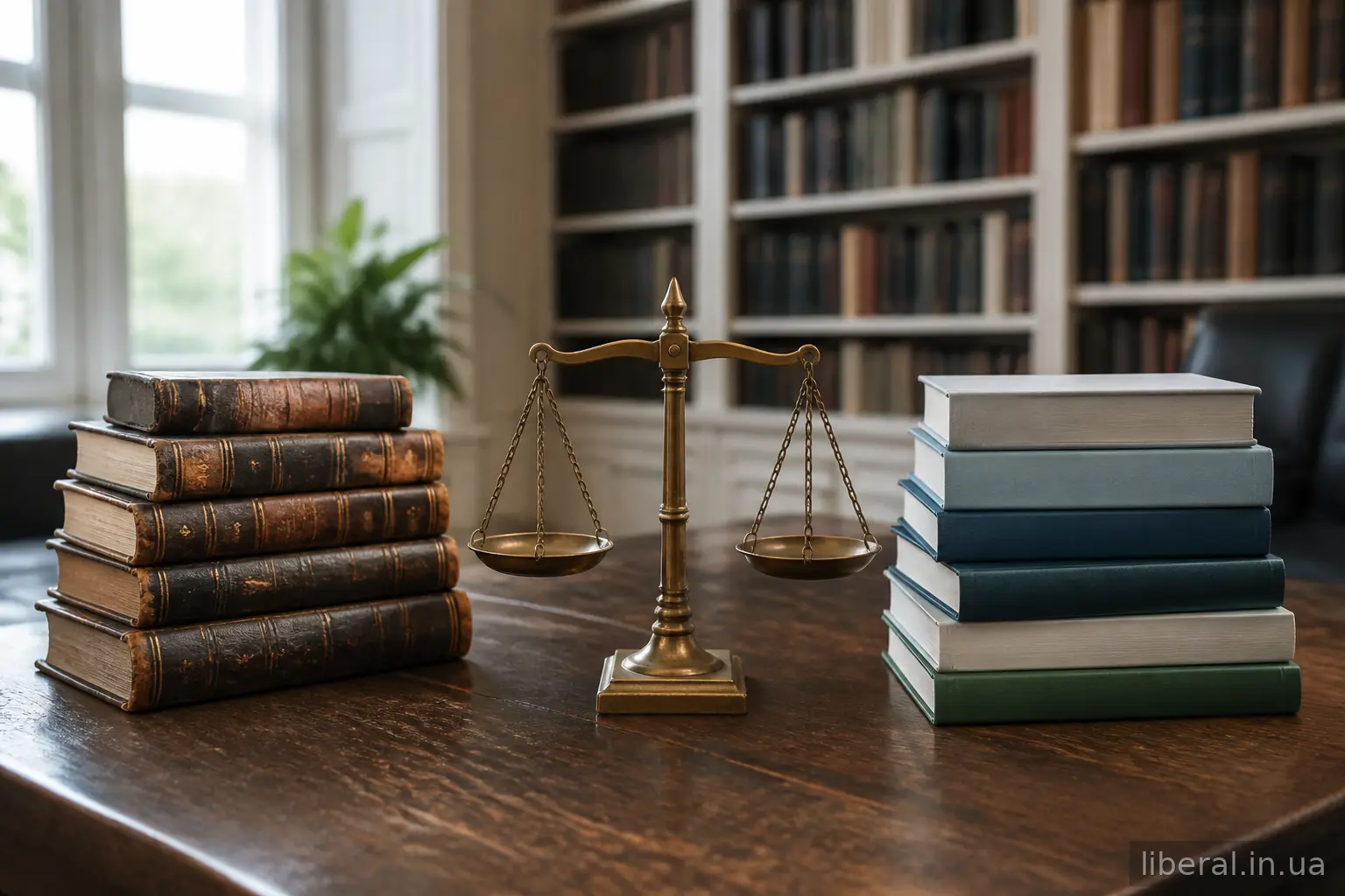 Дві стоси книг і терези на столі як образ порівняння двох традицій