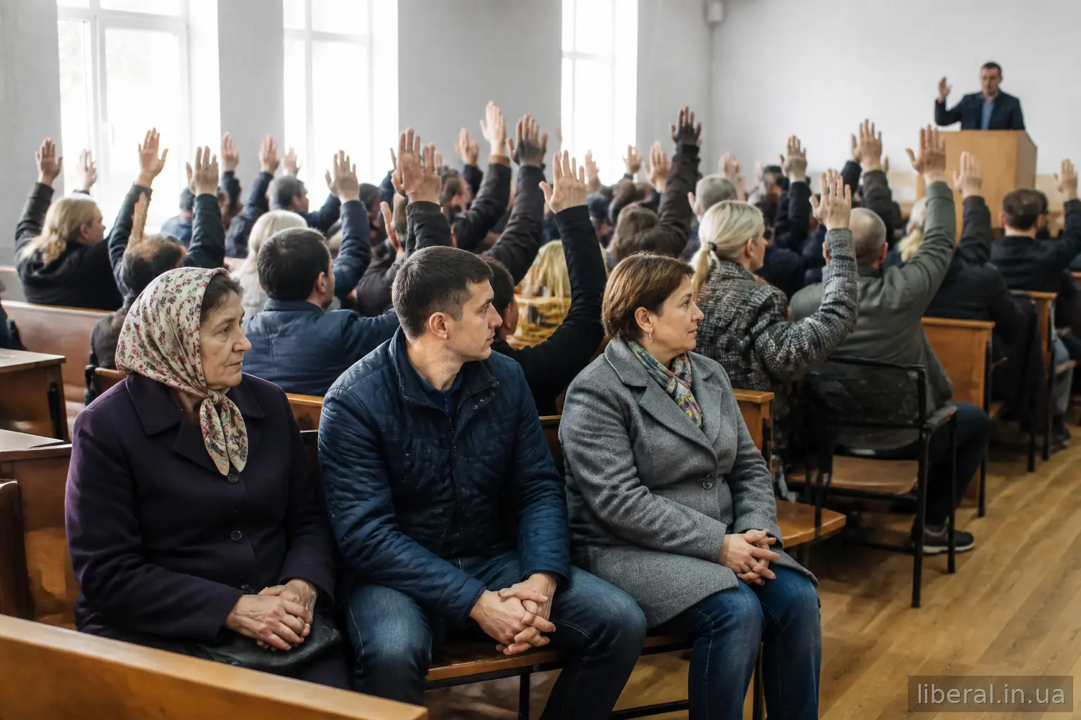 Общественное голосование в зале, где меньшинство сидит в стороне от большинства