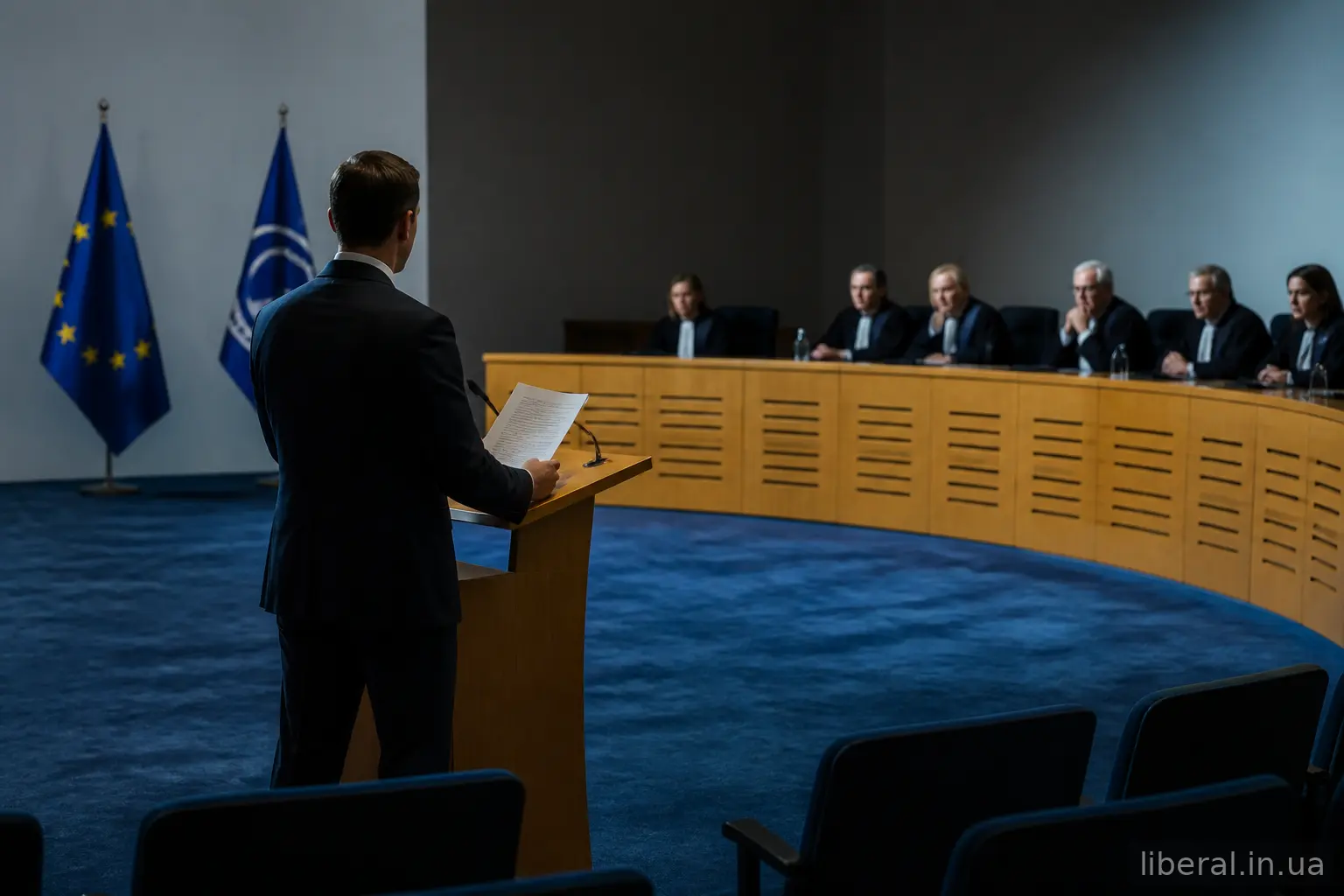 Адвокат виступає у залі судового засідання