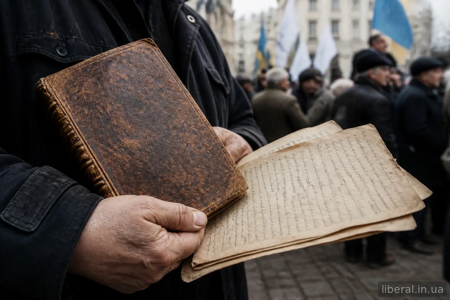 Старовинна книга та зів'якла петиція на дерев'яному столі як символ історії права на зібрання