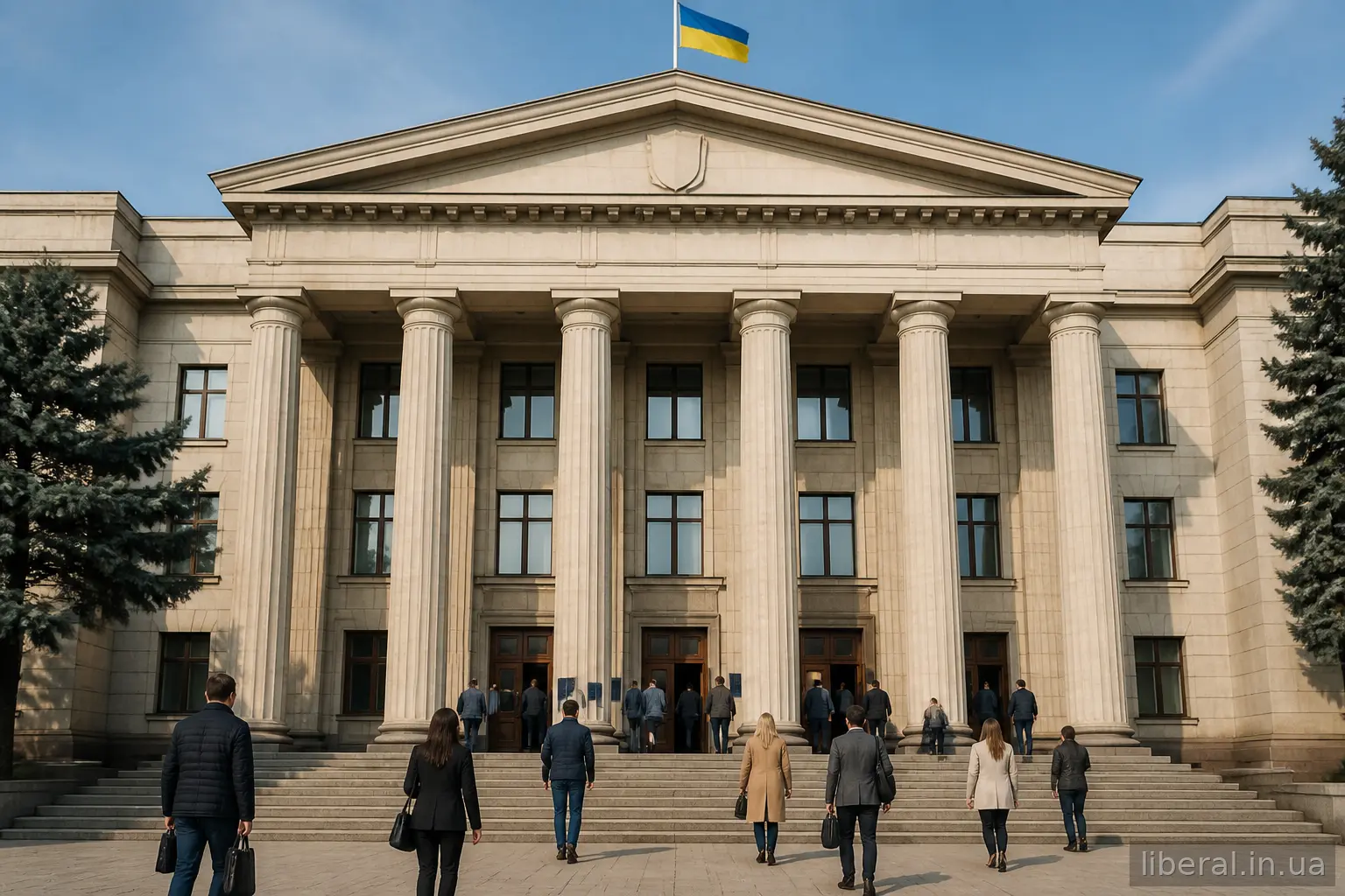 Будівля суду з колонами як символ держави, обмеженої правом