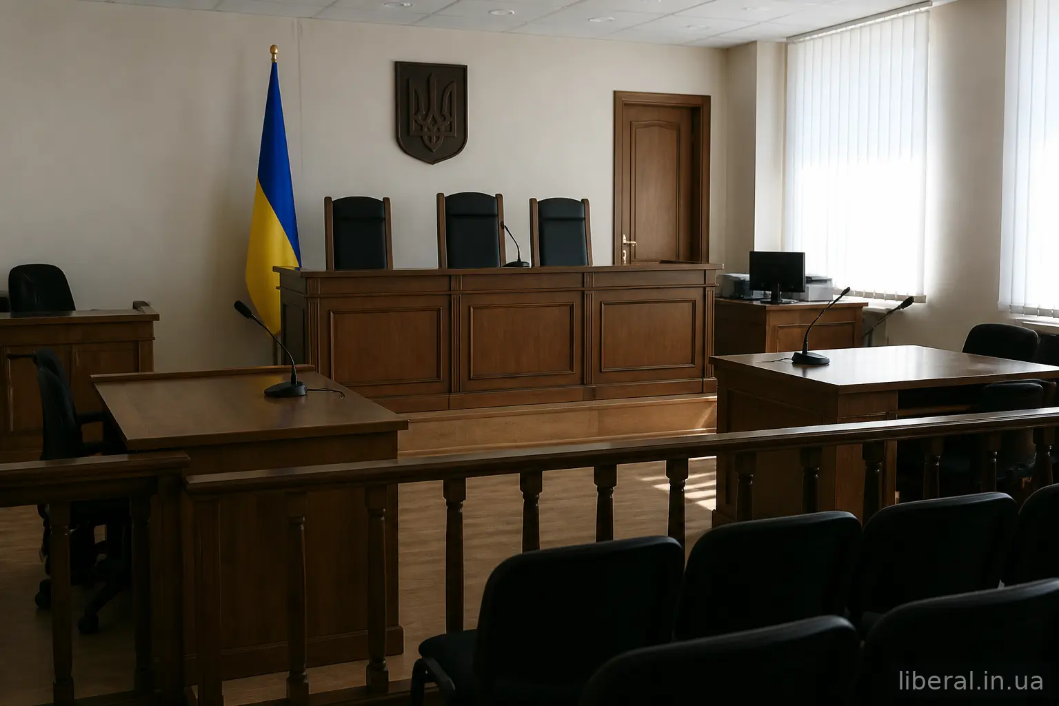 Порожня зала судового засідання з місцями для прокурора та захисту