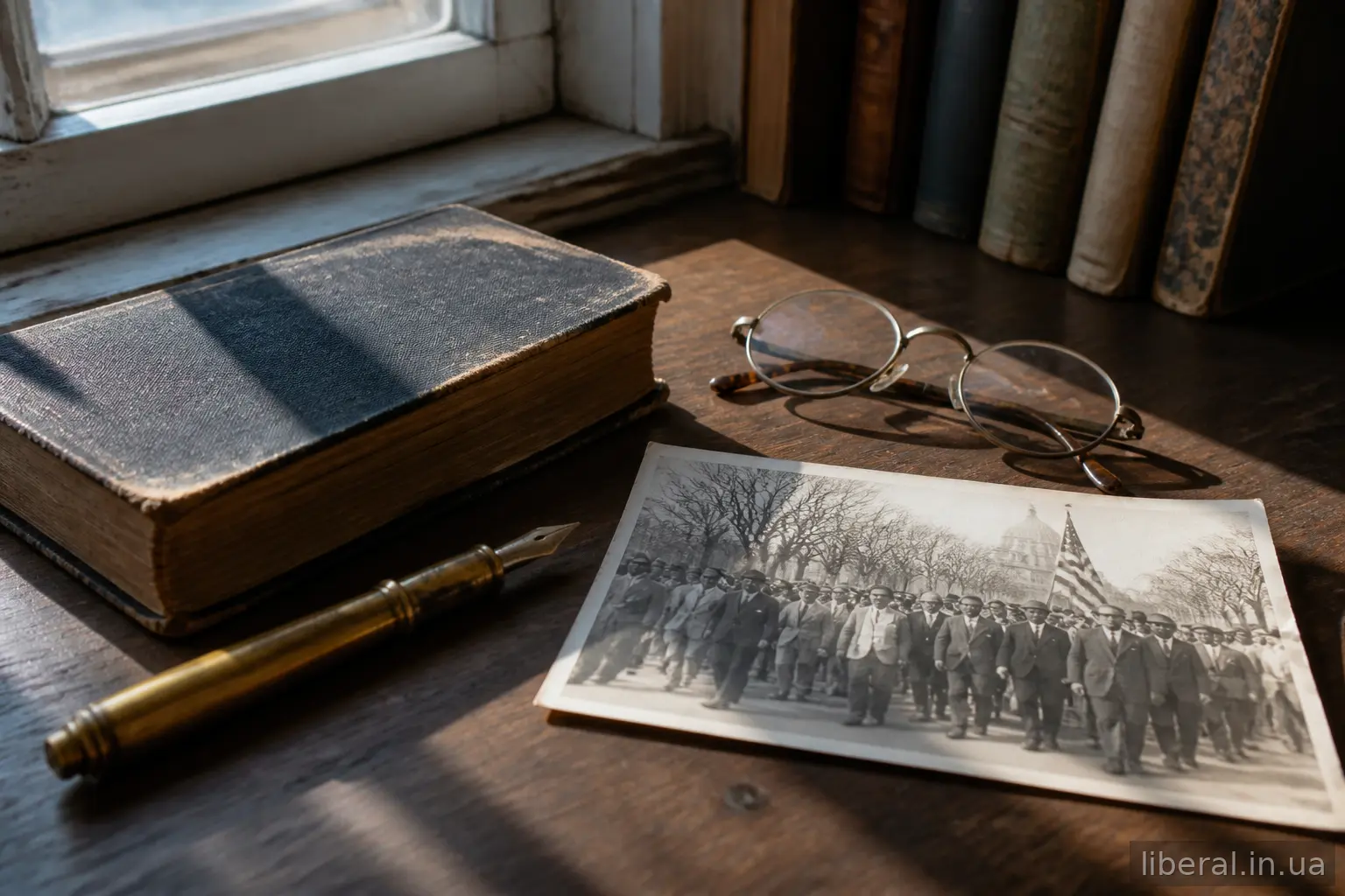 Натюрморт із книгою, ручкою та старою фотографією мирного зібрання на дерев'яному столі