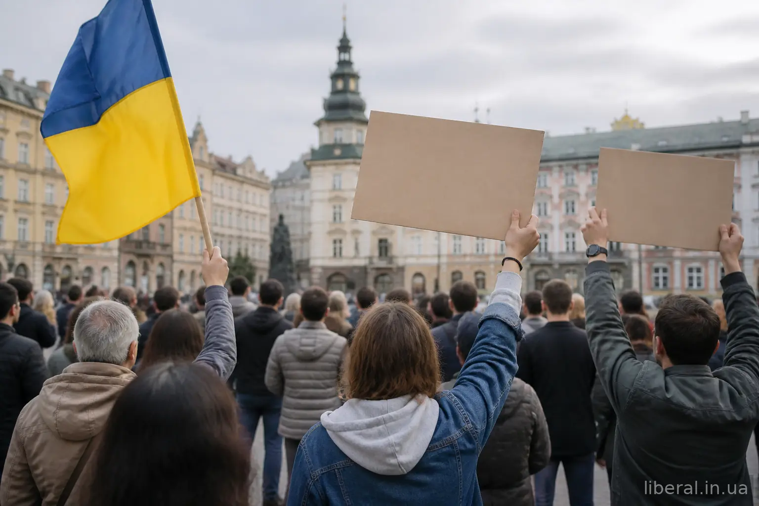 Мирне зібрання людей на міській площі з прапором і плакатами
