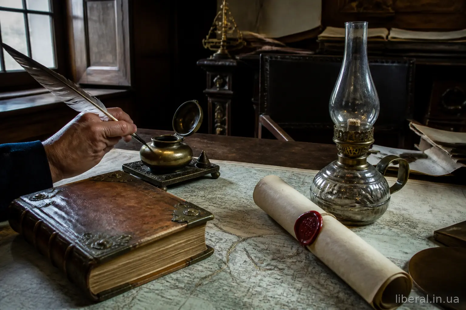 Старовинний письмовий стіл із книгою, пером і сувоєм пергаменту