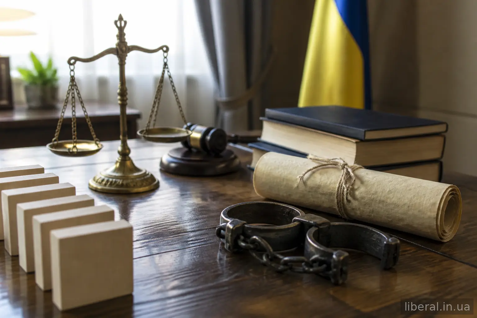 Натюрморт із розірваним кайданом, пером і сувоєм на старому столі