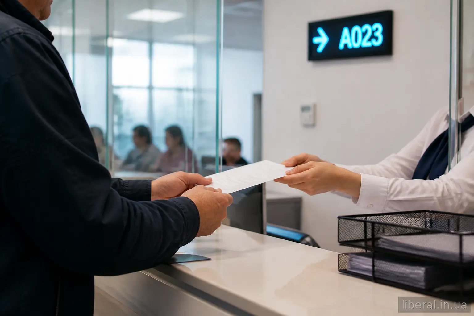 Адміністратор центру надання послуг передає документ відвідувачу