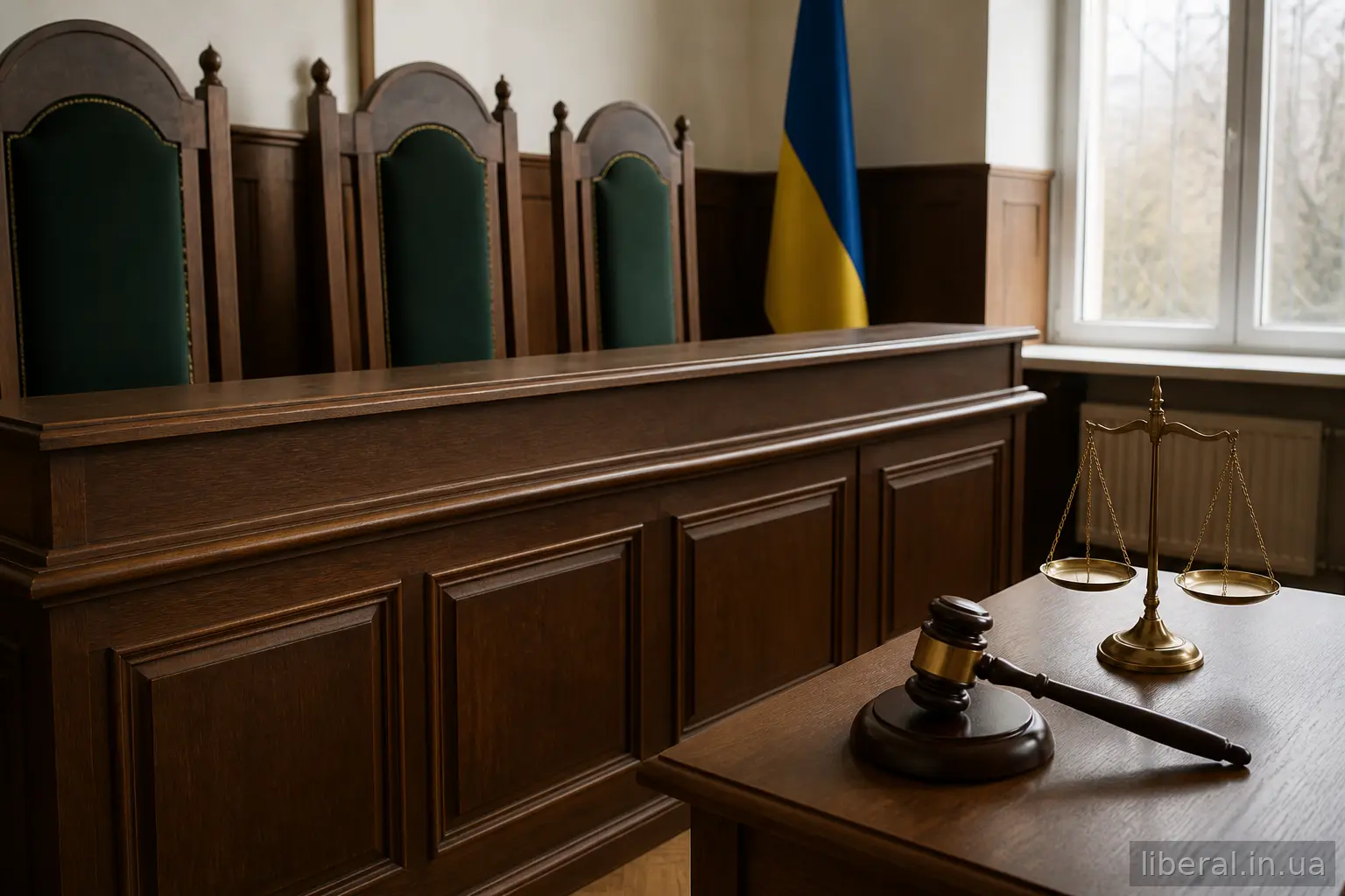 Пуста зала судового засідання з молоточком і терезами правосуддя