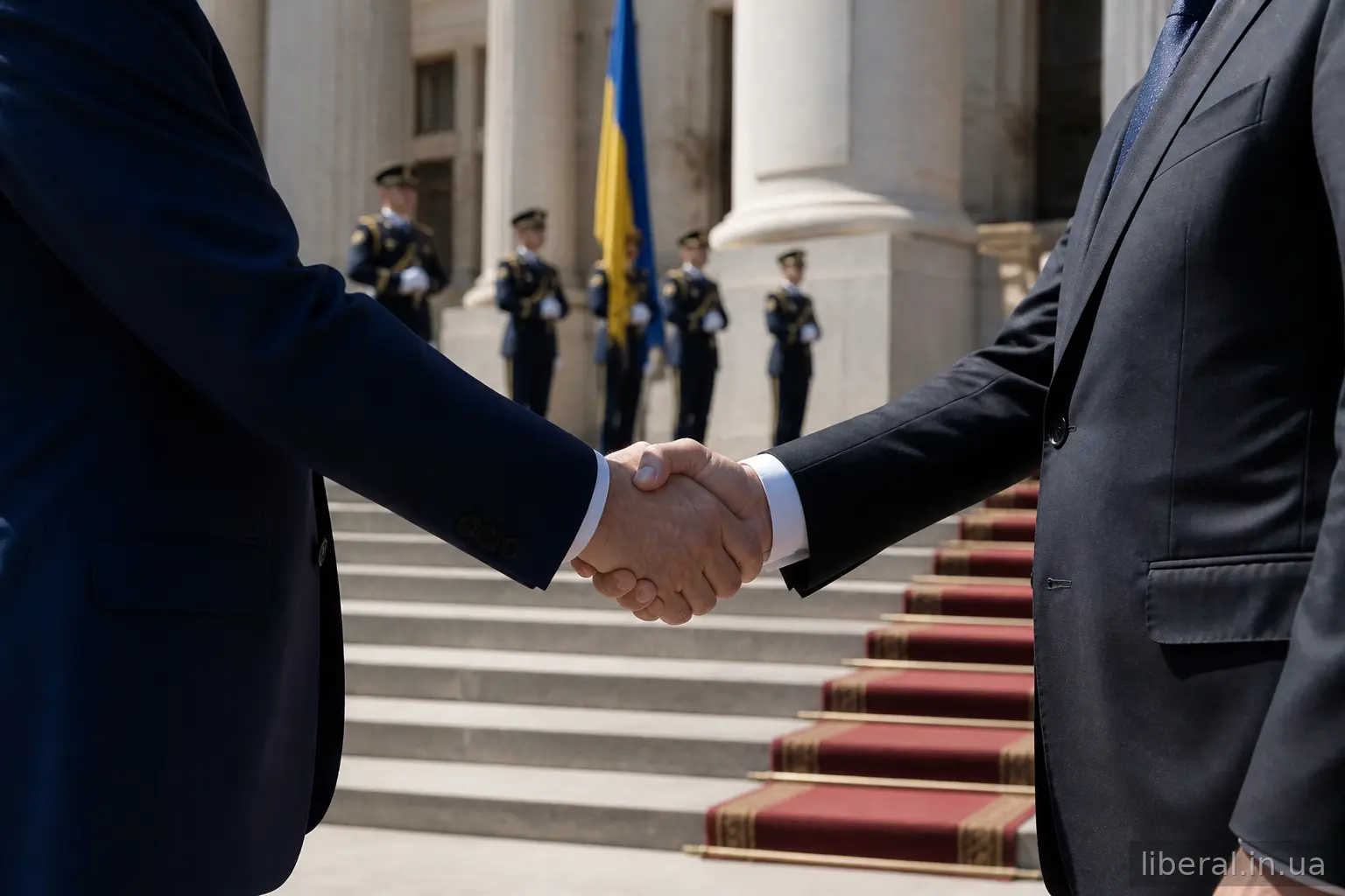 Церемоніальна зустріч президента та прем'єр-міністра біля урядової будівлі