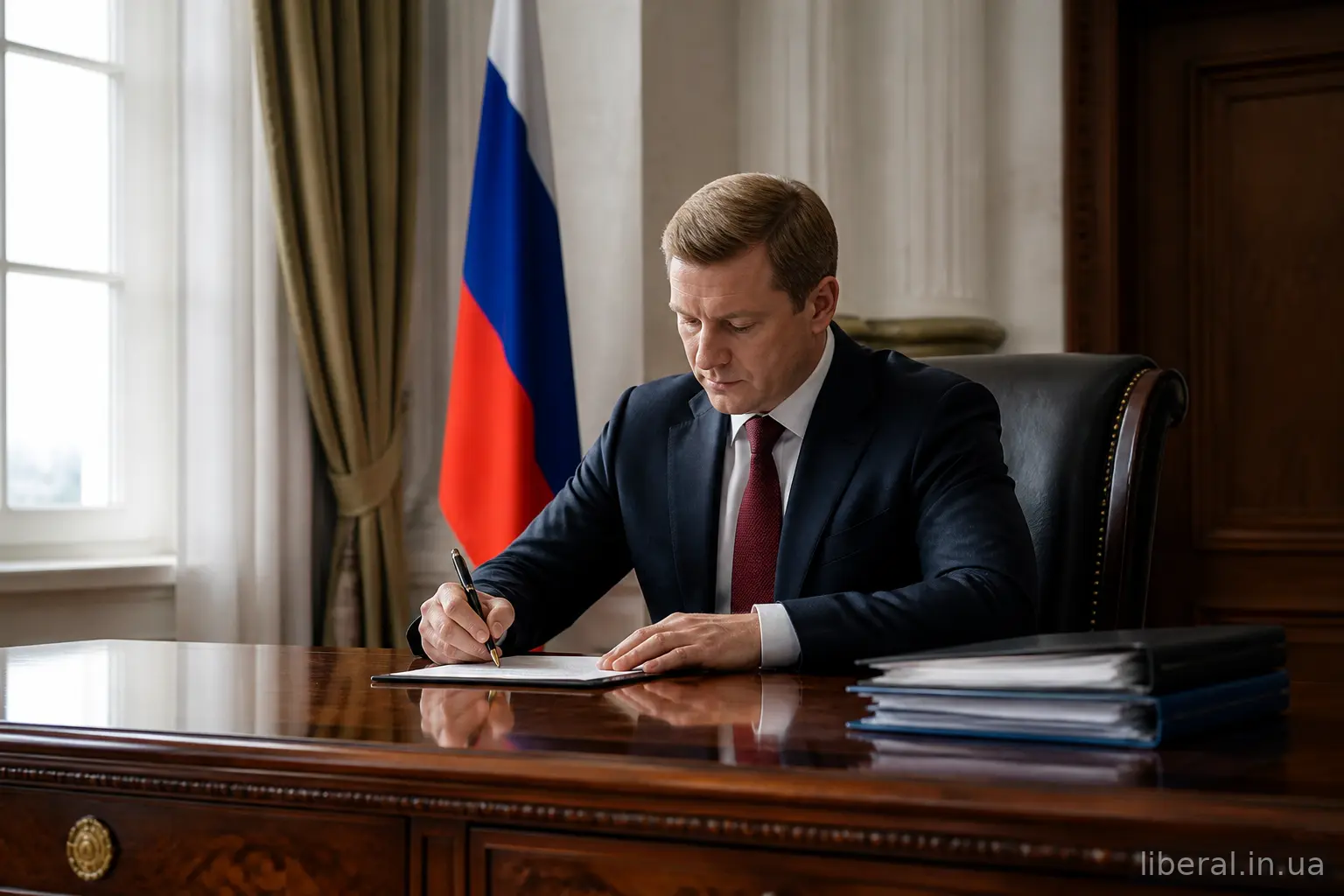 Президент підписує документ у робочому кабінеті з державним прапором
