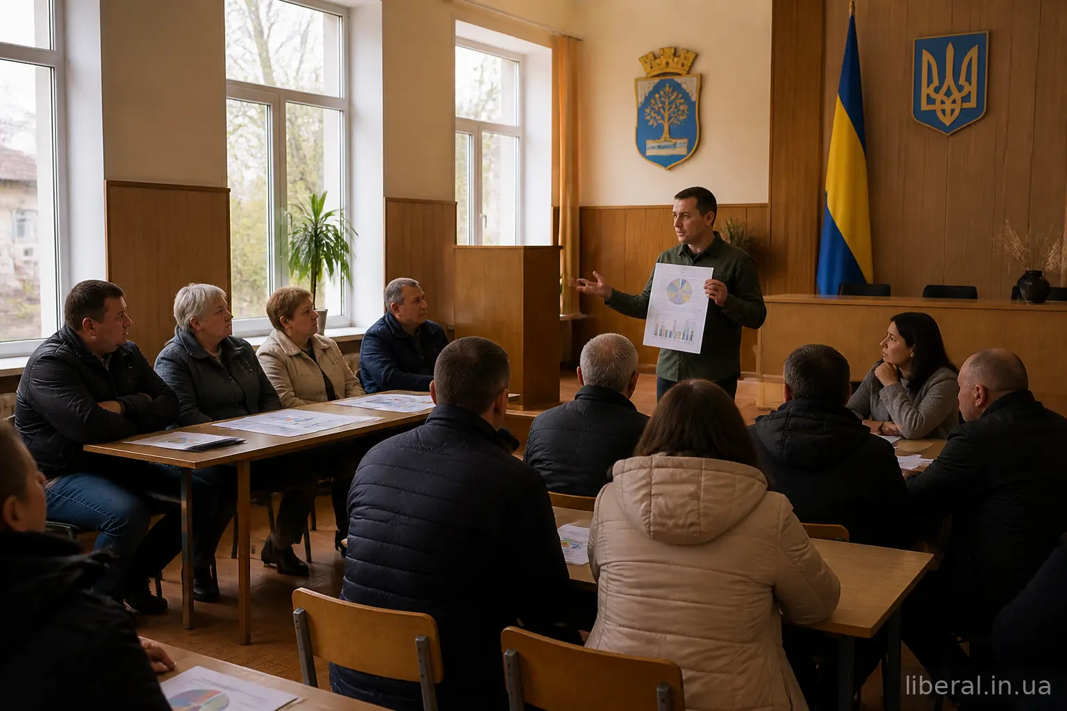 Сесія сільської ради, де депутати та мешканці обговорюють місцевий бюджет