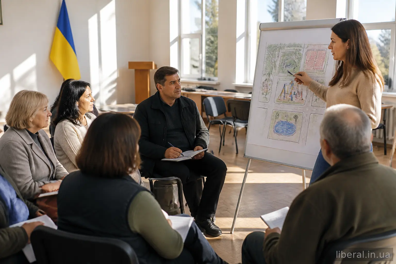 Жителі громади обговорюють проєкт на зустрічі в приміщенні місцевої ради