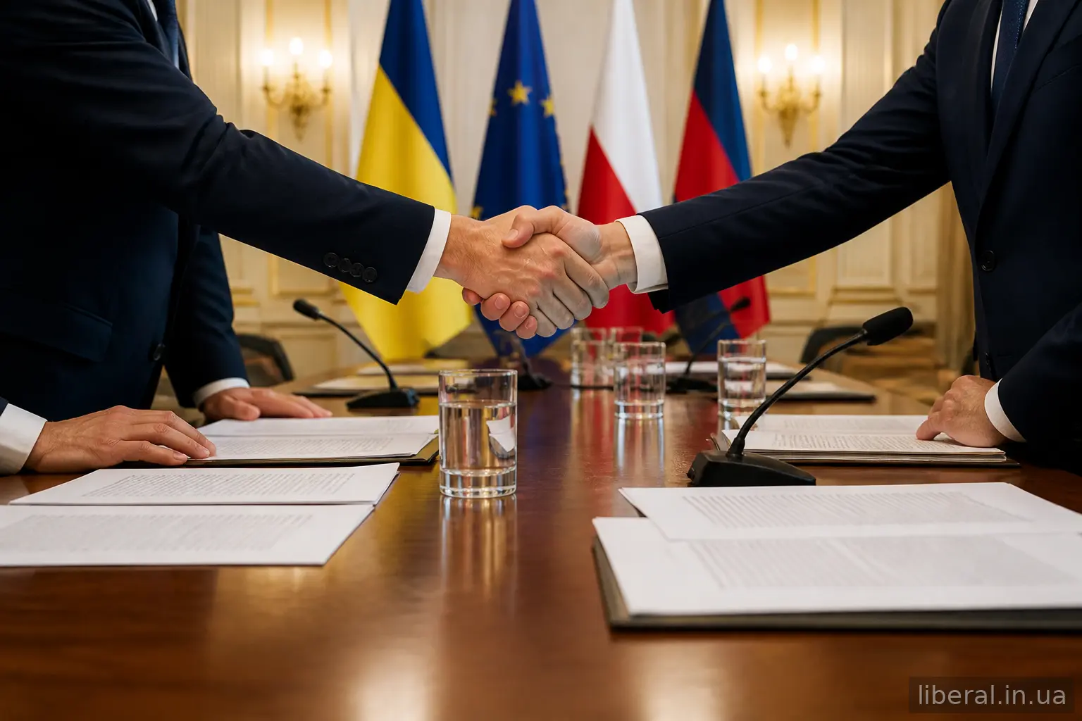 Переговори лідерів фракцій за столом із документами коаліційної угоди