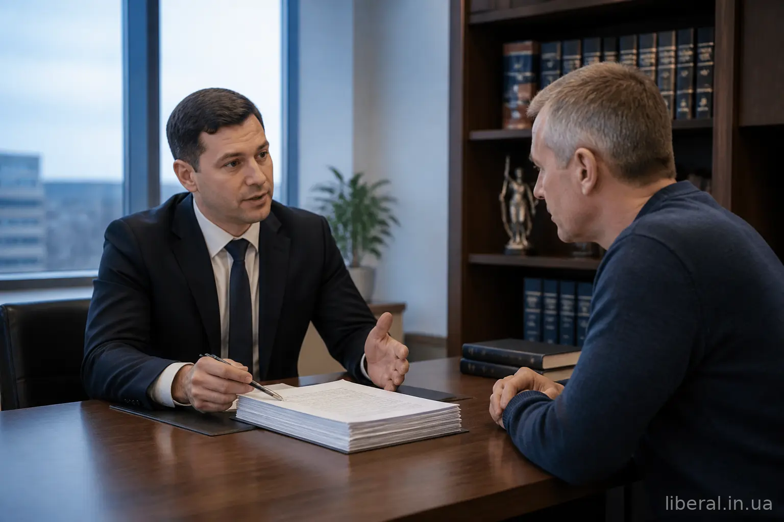 Адвокат пояснює клієнту документи під час консультації