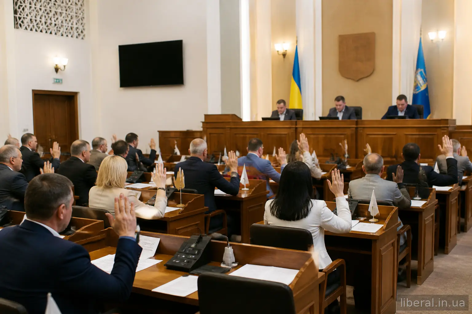 Депутати міської ради голосують на сесії в залі засідань