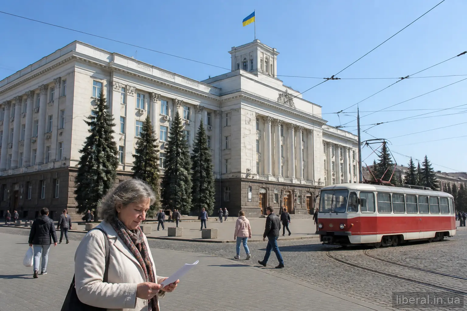 Будівля міської ради з прапором і мешканці на площі перед нею