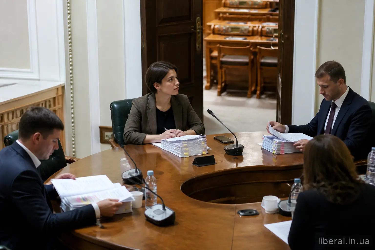 Депутати за столом комітету опрацьовують текст законопроєкту з позначками