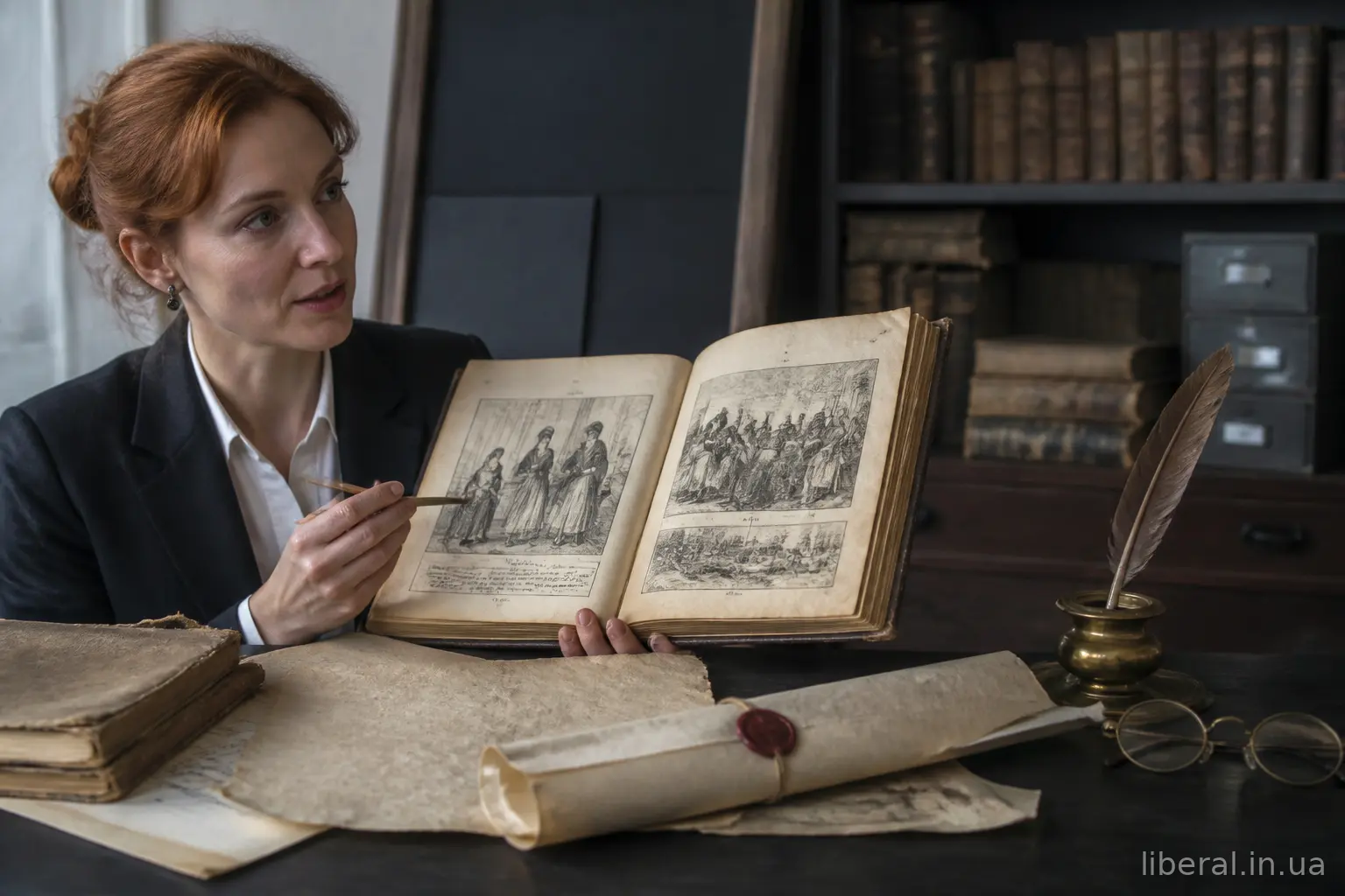 Старовинна книга, перо та сувій на дерев'яному столі