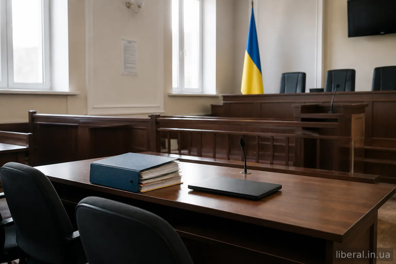 Зала суду зі столом прокурора та матеріалами справи