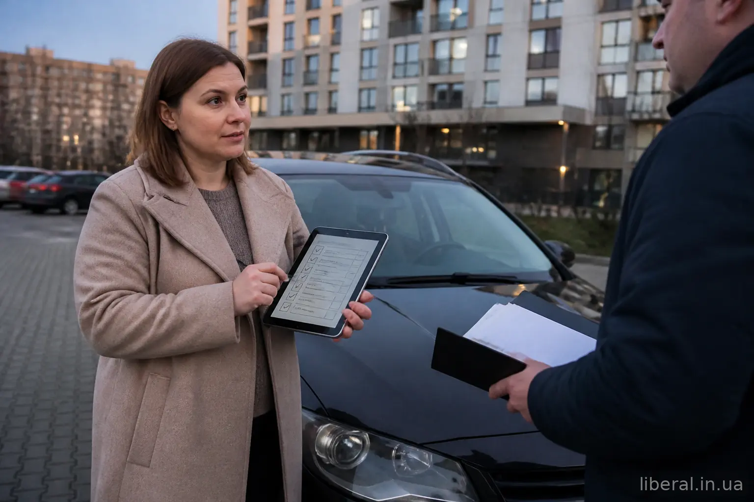 Покупець і продавець перевіряють документи перед купівлею вживаного автомобіля