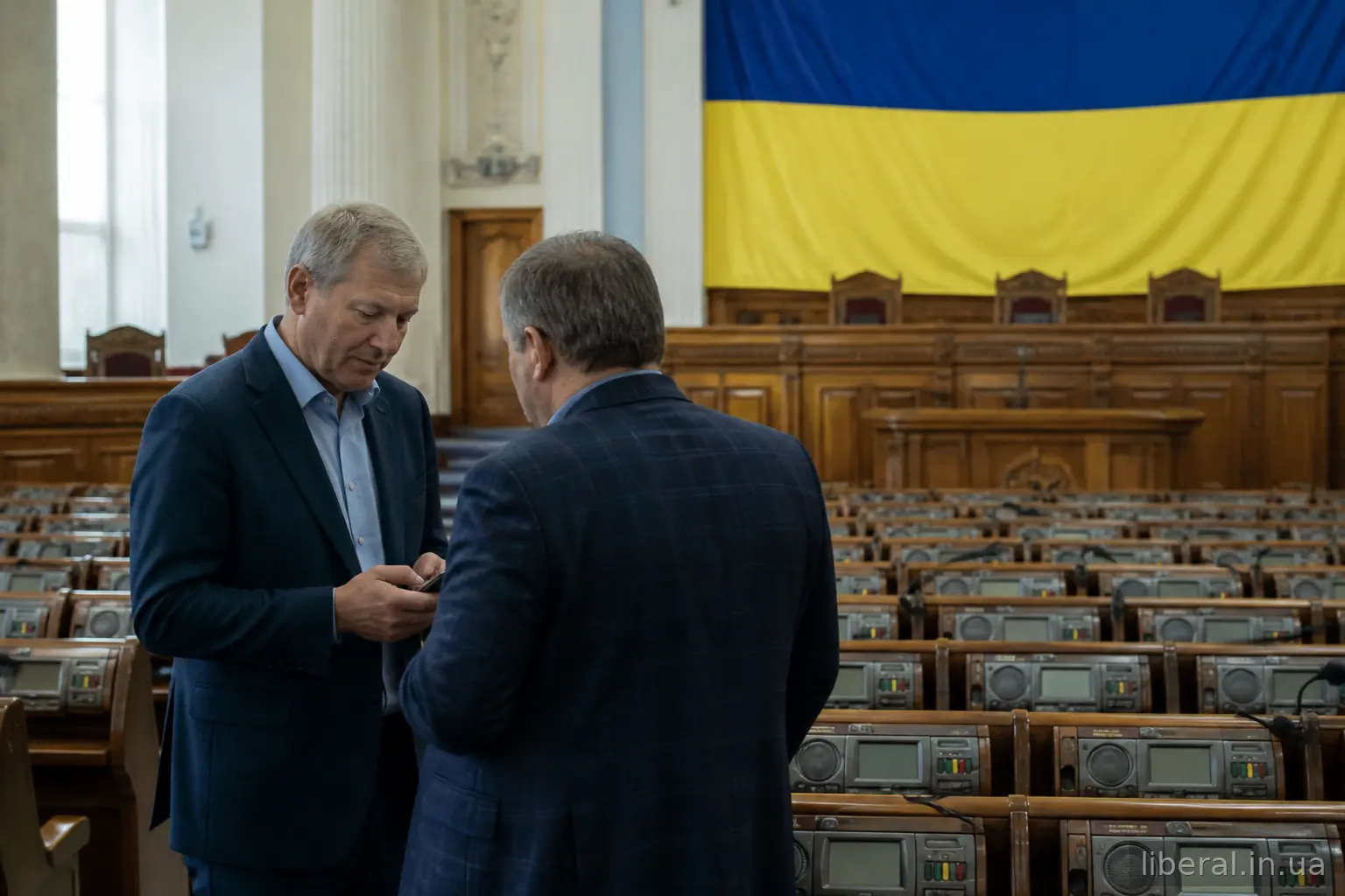 Порожня сесійна зала з робочими місцями та мікрофонами