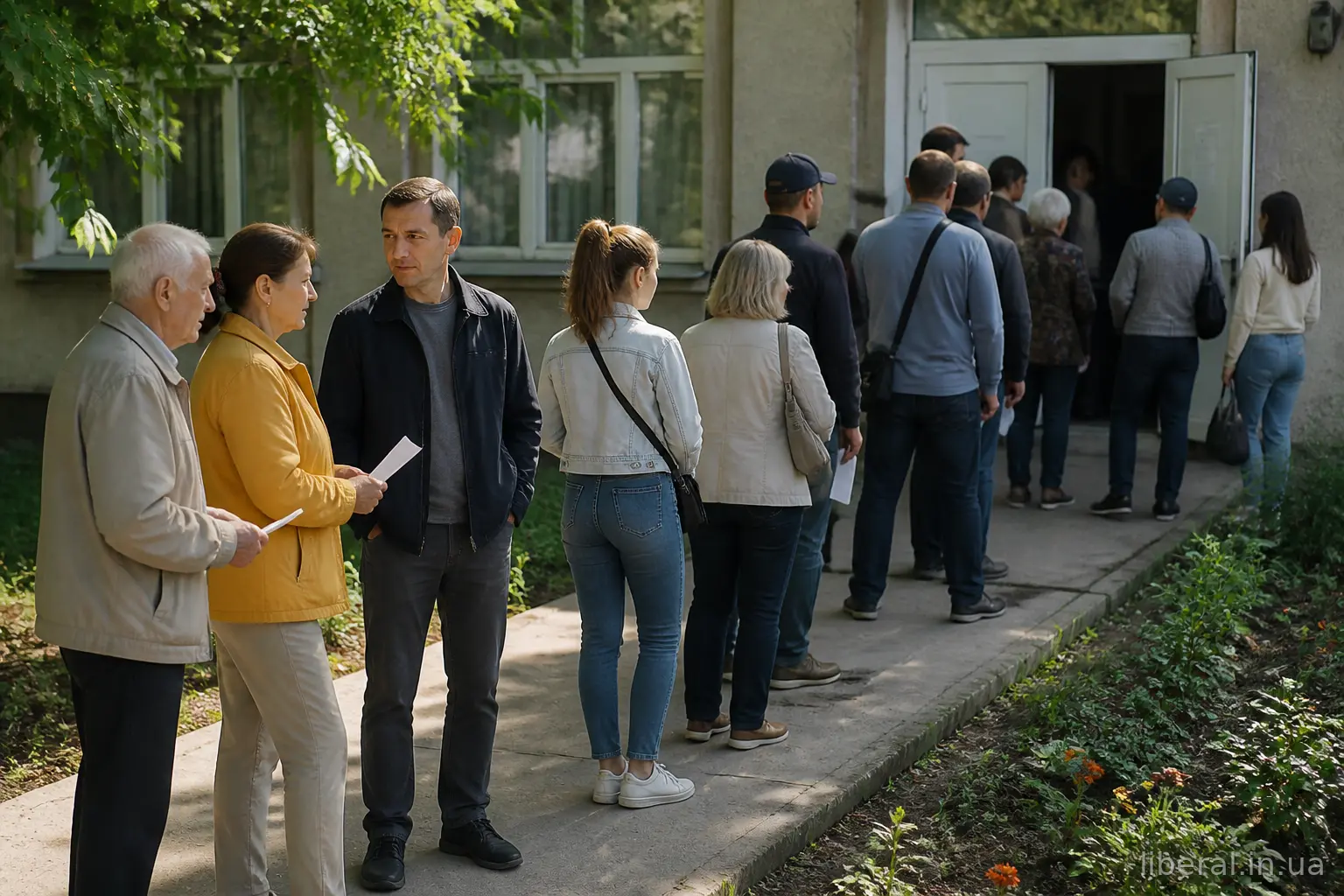 Виборці різного віку чекають у черзі біля виборчої дільниці