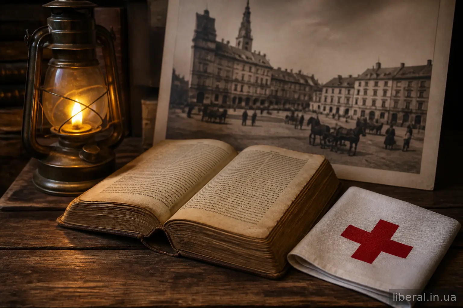 Історичний натюрморт: стара книга, ліхтар і пов'язка з червоним хрестом